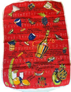 Vtg Ireland Linen Tea Towel White Lady Cocktail John Collins Recipes MCM Bright